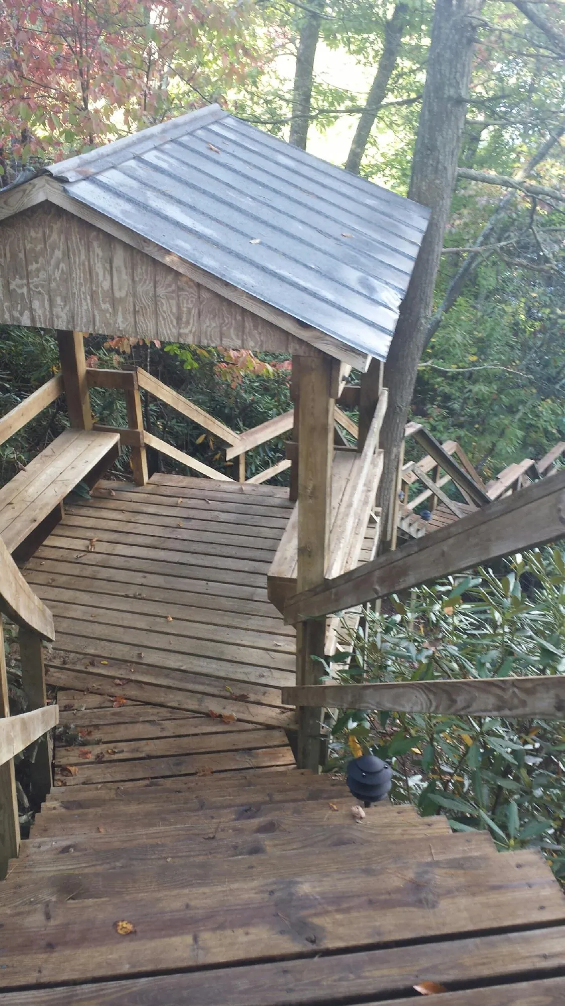 Metal roofed shelter over wooden steps on a wooded walkway — Skylight Repair & Installation work by our crew in Linville